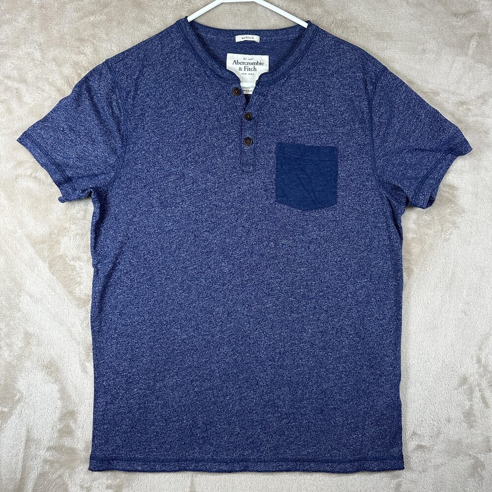 Abercrombie & Fitch Shirt Mens Large Blue Heather Henley Muscle Pocket Tee Top